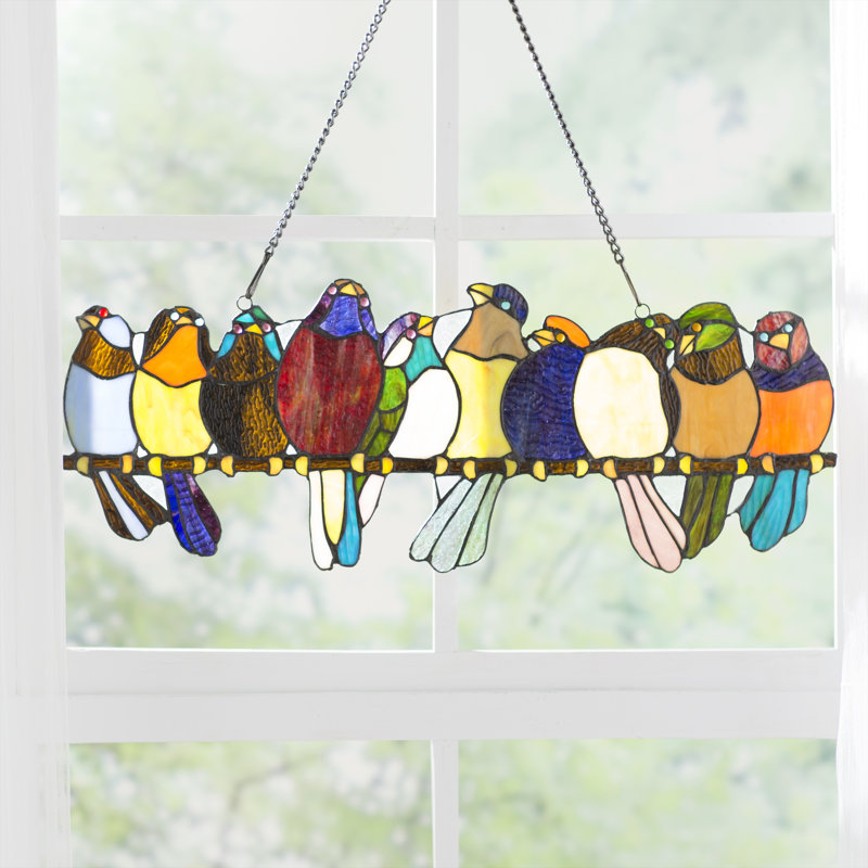 August Grove 'Birds On A Wire' Tiffany Style Stained Glass Window Panel